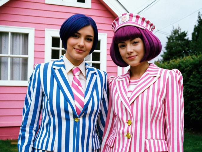 Women in Pink and Blue Striped Suits