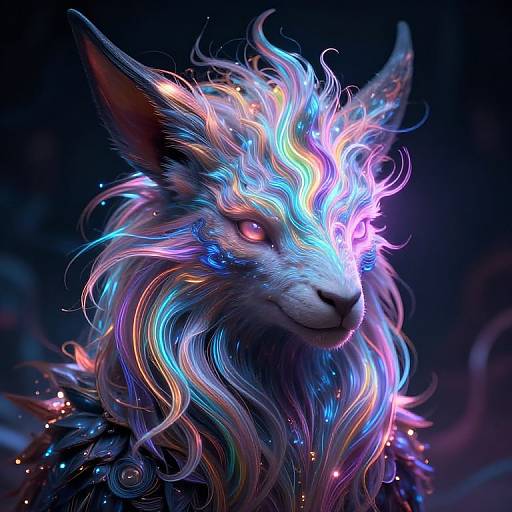 Digital painting of a mystical, glowing, anthropomorphic feline with vibrant, multicolored, neon fur and eyes, against a dark, starry