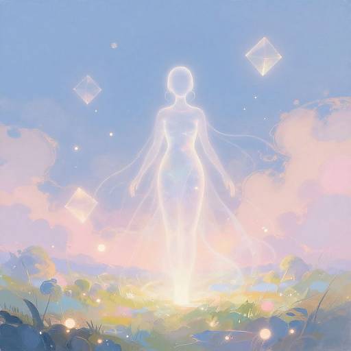 Digital painting of a glowing white silhouette of a figure standing in a vibrant, colorful meadow with floating squares and soft pastel clouds. Bright sunlight illumin