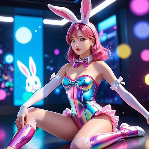 Digital art of a pink-haired woman in a shiny, rainbow-colored bunny costume with white bunny ears, sitting on a neon-lit floor.