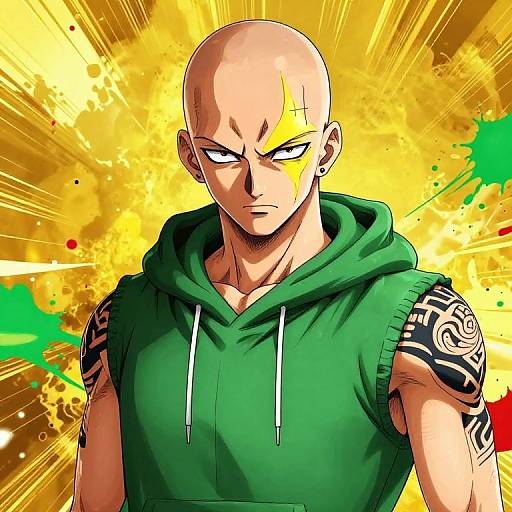 Digital anime-style drawing of a bald, muscular man with intense eyes, green hoodie, and tribal tattoos, set against a vibrant yellow and green splatter