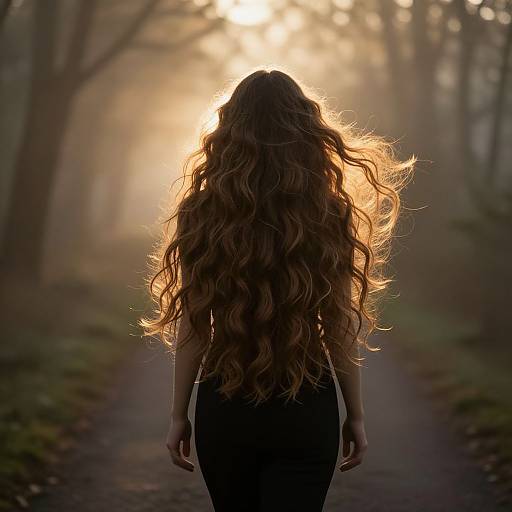 Photograph of a woman with long, wavy brown hair silhouetted against a glowing sunset in a misty forest path.