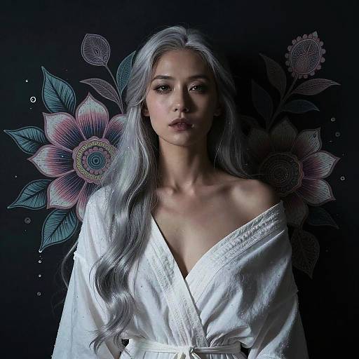 Digital portrait of a woman with long silver hair, wearing a white robe, against a dark background with colorful floral patterns.