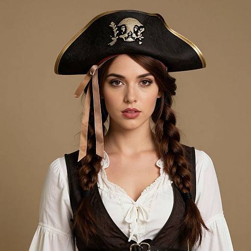 Photograph of a young woman with fair skin and dark brown hair in braids, wearing a black pirate hat with a skull emblem, white lace-tr