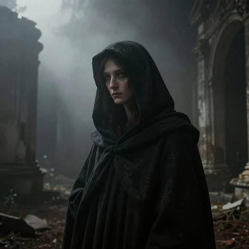 Photograph-style digital artwork of a somber young woman in a dark, hooded cloak standing in a foggy, ruined, gothic archway