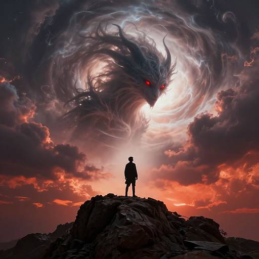 Silhouetted figure stands on rocky peak, facing ominous red-eyed dragon amidst swirling clouds and vibrant sunset in dramatic digital artwork.
