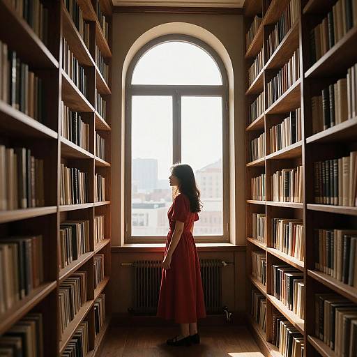 Photograph of a woman in a red dress standing in a sunlit library aisle, flanked by tall wooden bookshelves, with an arched