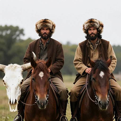 Rugged Equestrians Against a Rustic Backdrop