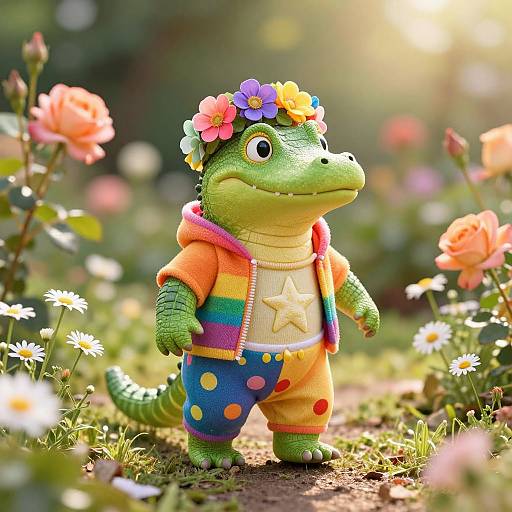 Photograph of a cute, green, cartoon alligator wearing a colorful flower crown, rainbow-striped hoodie, star shirt, and polka-dot pants,