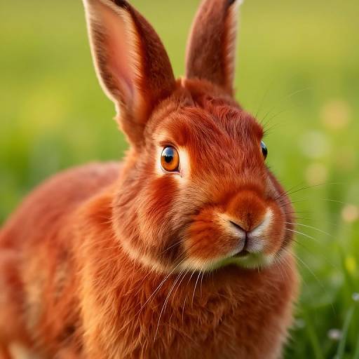 Close-up photograph of a vibrant, reddish-brown rabbit with large, upright ears, glistening eyes, and soft fur, set against a blurred