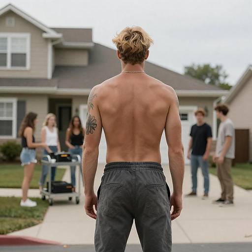 Shirtless Man in Suburban Scene