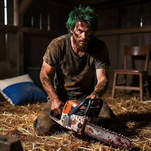 Intense Grizzled Man with Chainsaw