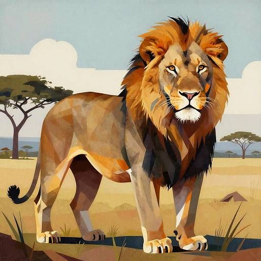 Digital illustration of a majestic male lion with a vibrant, multi-colored mane, standing in a sunlit savanna with acacia trees and distant mountains.