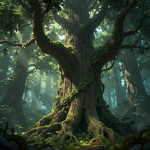 Digital fantasy artwork of a massive, ancient tree with intricate, carved ladder-like patterns and lush green moss in a dense, sunlit forest.