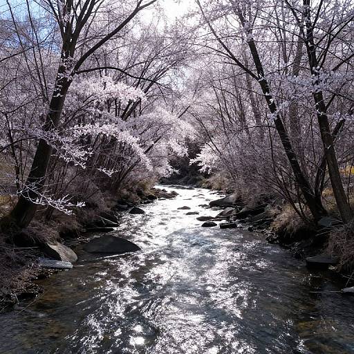 Photograph of a sunlit, narrow stream flowing through a dense forest of bare, frost-covered trees, with bright sunlight reflecting off the water's surface