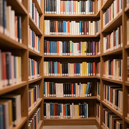 Photograph of a library aisle with wooden bookshelves filled with colorful books, creating a symmetrical, vibrant, and organized pattern.