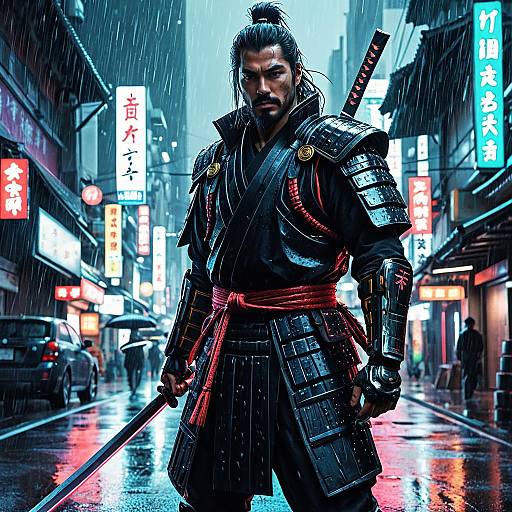 Cybernetic Samurai in Neon-lit Rainy City