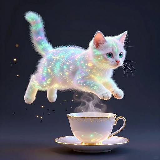 A glowing, iridescent white kitten with green eyes leaps over a steaming, enchanted teacup and saucer against a dark background. Digital