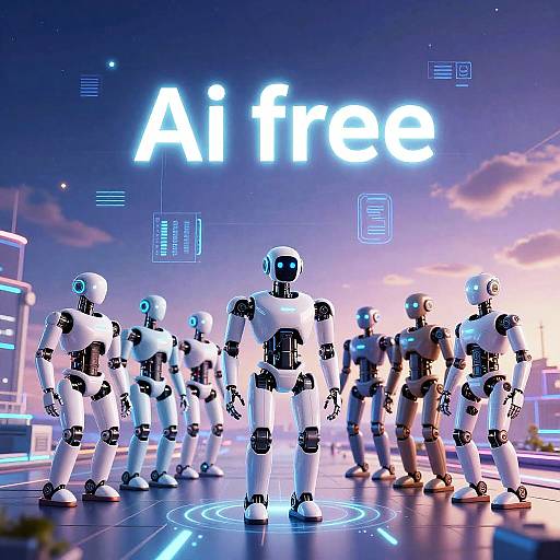 Digital CGI image of seven white humanoid robots standing in a line under a neon 