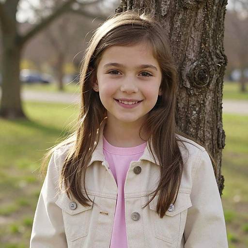 Photograph of a young girl with long brown hair, smiling, wearing a white denim jacket over a pink shirt, standing in a sunlit park.