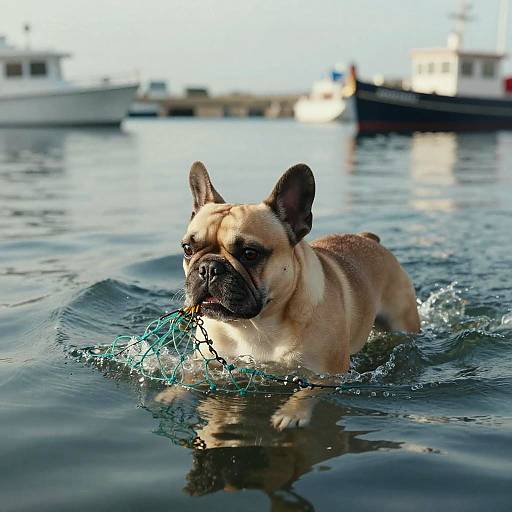 French Bulldog Swimming in Harbor