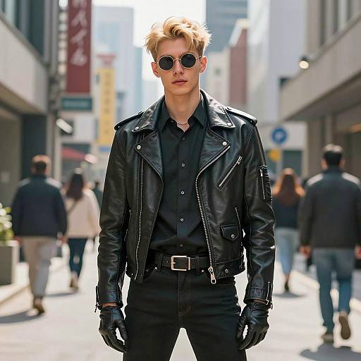 Young man in black leather jacket in urban alley