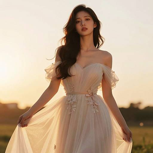 Young Woman in Off-Shoulder Gown at Sunset
