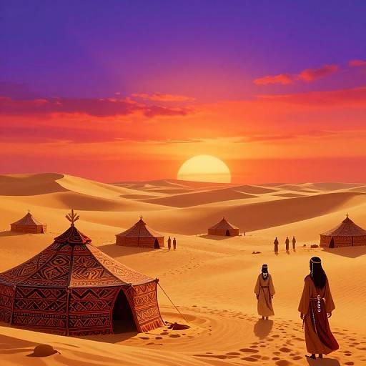 Digital painting of a vibrant sunset over golden sand dunes with tribal-patterned tents, silhouetted figures in traditional clothing, and a glowing sun