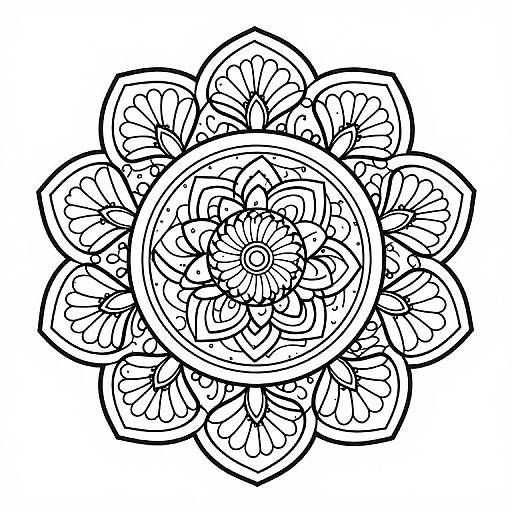 Detailed black and white line drawing of a complex, multi-layered flower with intricate petal patterns and symmetrical design.