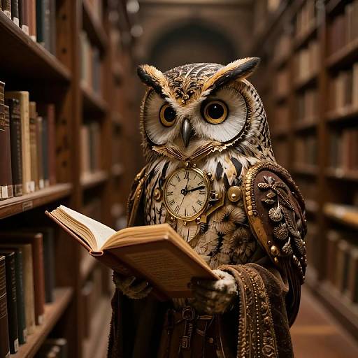 Photograph-style CGI: Anthropomorphic owl with ornate clock and medieval garments, reading in a dim, narrow library with wooden bookshelves.