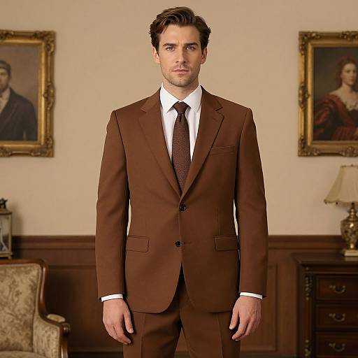 Photograph of a handsome man with short brown hair, wearing a brown suit, white shirt, and brown tie, standing in a classic, wood-pane