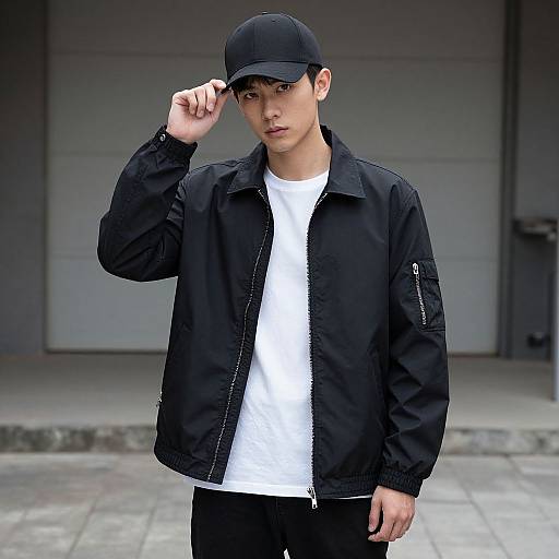 Photograph of a young Asian man in a black cap, black jacket, white shirt, and black pants, standing outdoors, adjusting his cap.