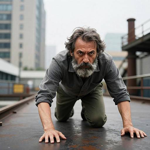 Intense Man Crawling on Industrial Surface
