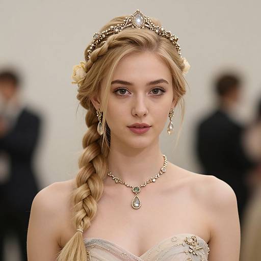 Photograph of a fair-skinned, blonde woman with braided hair, wearing a gold tiara, pearl necklace, and strapless, beaded