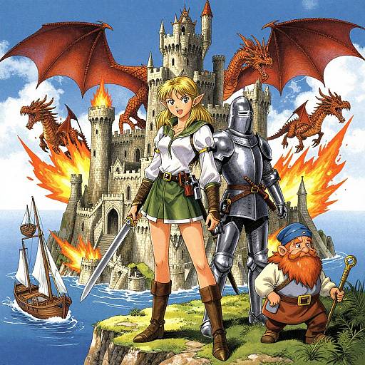 Digital anime-style illustration: blonde warrior woman, knight, and bearded dwarf stand before fiery castle with dragons, ship on water. Vibrant colors.