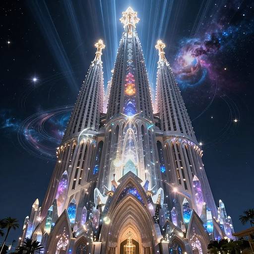Photograph of a brightly illuminated, gothic-style cathedral with three spires, glowing with neon lights, against a starry night sky.