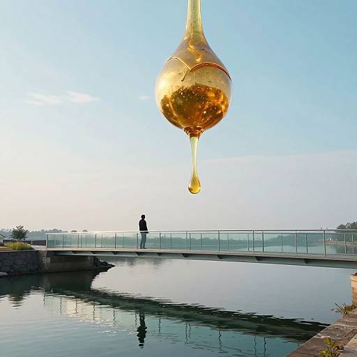 Photograph of a gold, teardrop-shaped sculpture hanging above a glass bridge over a calm waterway, with a silhouetted figure standing