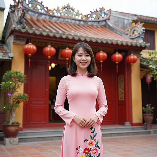 Photograph of an Asian woman with shoulder-length black hair, wearing a pink cheongsam with floral embroidery, standing in front of a traditional Chinese temple