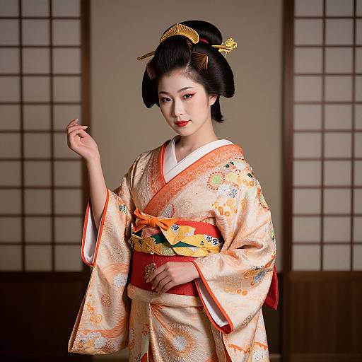 Photograph of an elegant Japanese woman in traditional kimono with floral patterns, gold obi, and ornate hairpins, standing in front of sh