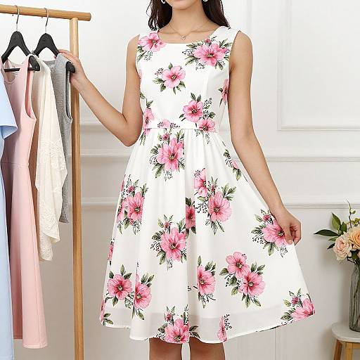 Photograph of a woman in a sleeveless white floral dress with pink flowers, standing beside a clothing rack with pastel dresses.