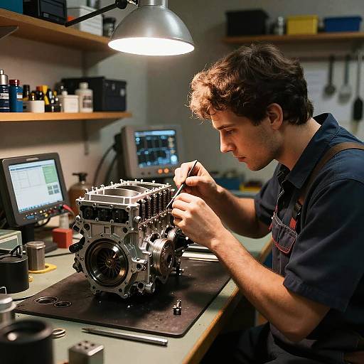 Mechanic Tinkering with Engine Component