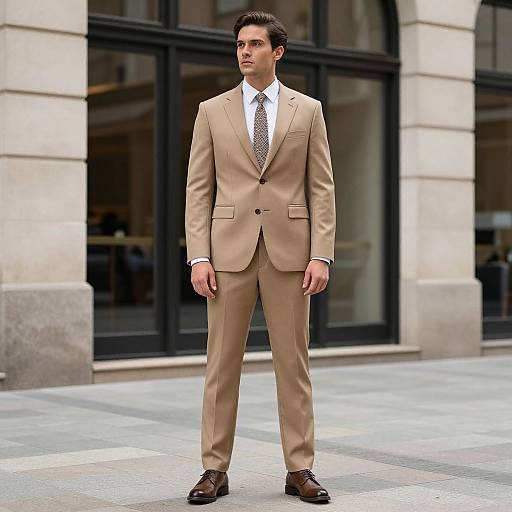Photograph of a young man in a tan suit, white shirt, and patterned tie standing confidently in front of a modern building.