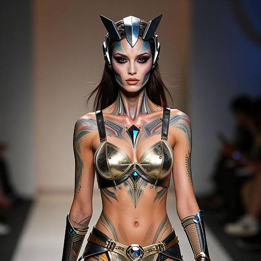 Photograph of a tattooed, slender model in a metallic, fantasy-inspired costume with a helmet, gold bra, and arm bracers, walking a