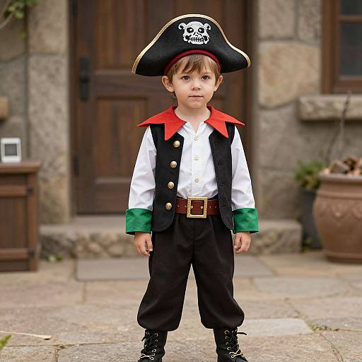 Photograph of a young boy in a pirate costume with a black tricorn hat, white shirt, red collar, black vest, green cuffs, black