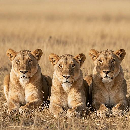 Three Lionesses Resting in Golden Grass