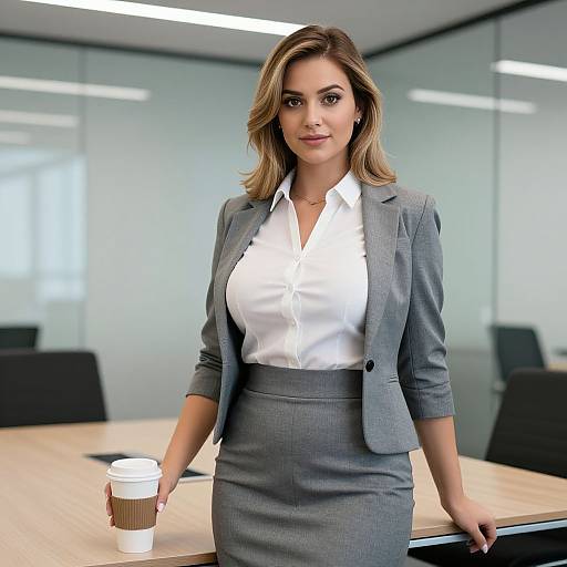 Photograph of a confident, blonde, light-skinned woman in a gray suit and white blouse, holding a coffee cup, standing in a modern,