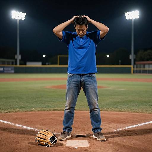 Man on Baseball Field at Night