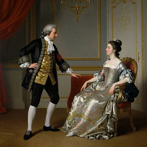 18th-century portrait of a dignified man in black and gold attire, gesturing to a seated woman in an elaborate silver gown, in an orn