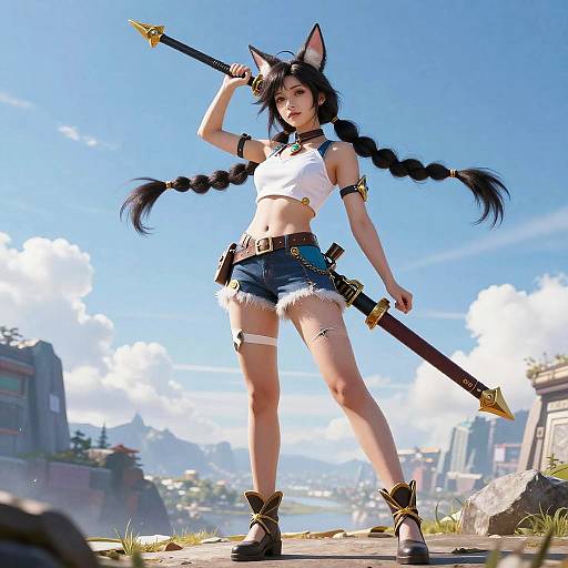 Realistic Ahri Cosplay with Staff Outdoors