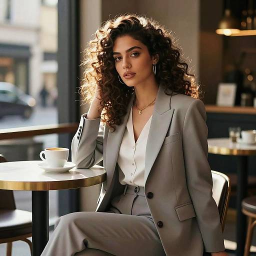 Photograph of a curly-haired woman in a gray suit, white blouse, sitting at a sunlit café table with a cup. Urban background, soft